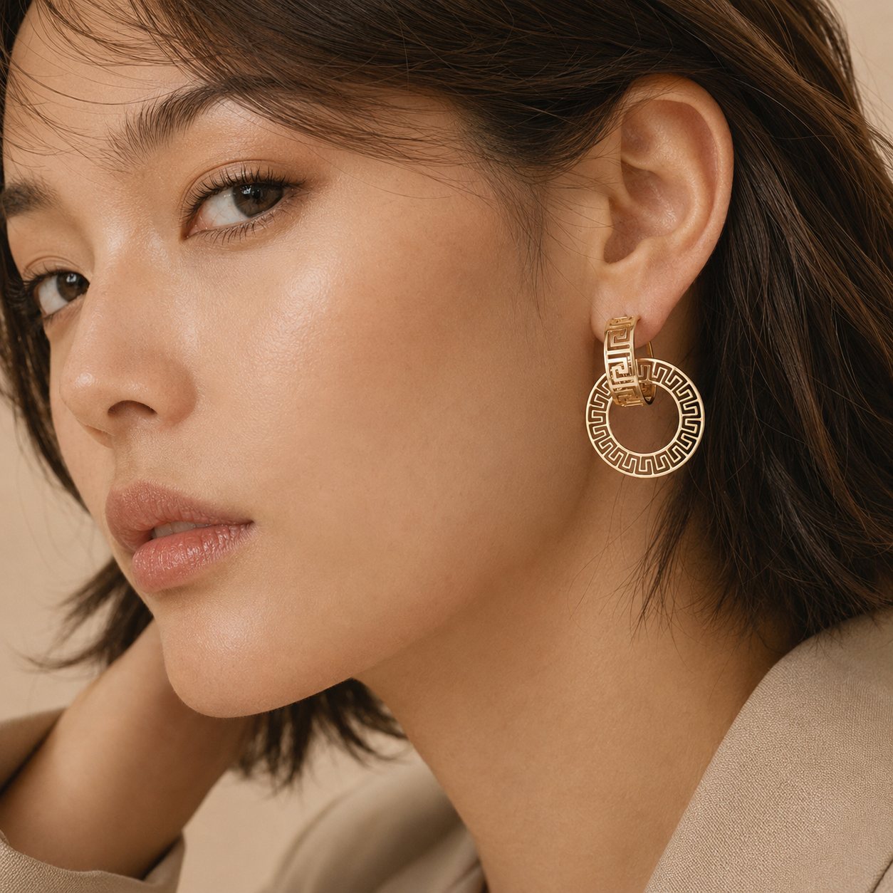 Gold Greek Key Double Hoop Earrings